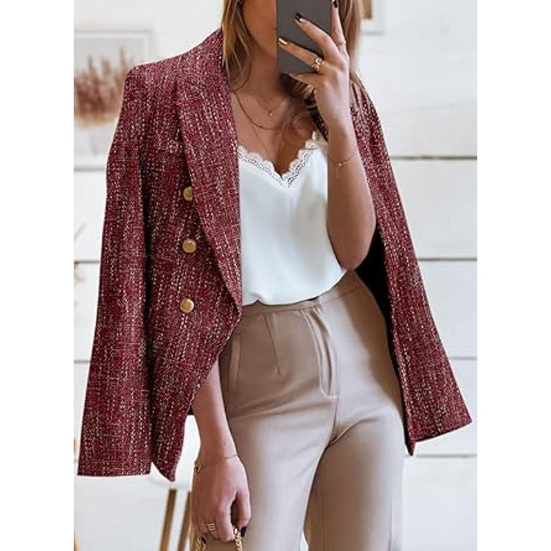 Happy Sailed Womens Blazer Double Breasted Turndown Collar BlazerJacket Suits for Work Sli